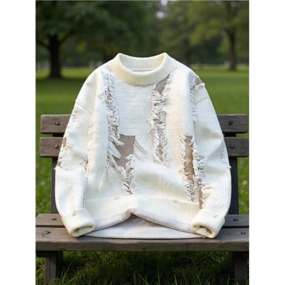 NWT Men's White Distressed Sweater | Ripped Knit Pullover - Picture 5 of 6